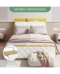 gaomon King Platform Bed Frame with Charging Station, Led Lights, Velvet Storage Headboard, Noise-Free, No Box Spring Needed