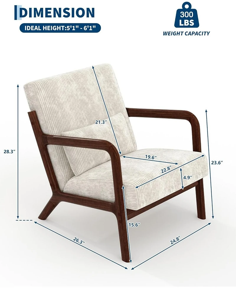 gaomon Mid-Century Modern Accent Chair with Corduroy Upholstery, Solid Wood Armchair with Removable Lumbar Pillow