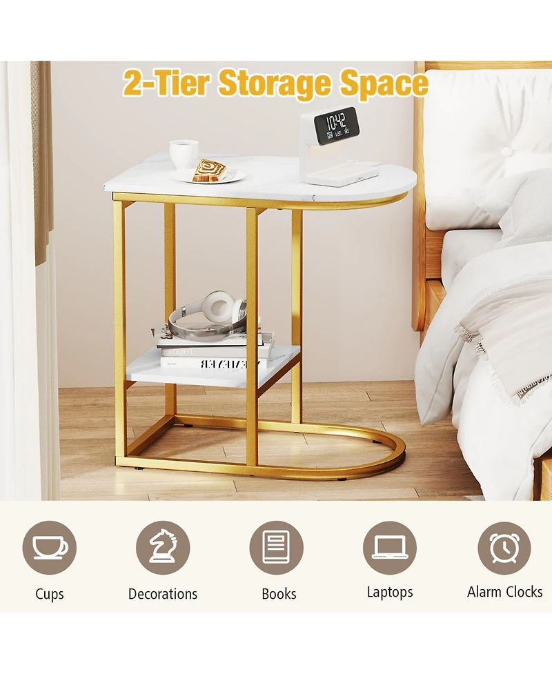 Sugift C Shaped Sofa Side Table with Faux Marble Top