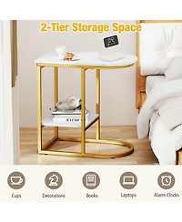 Sugift C Shaped Sofa Side Table with Faux Marble Top