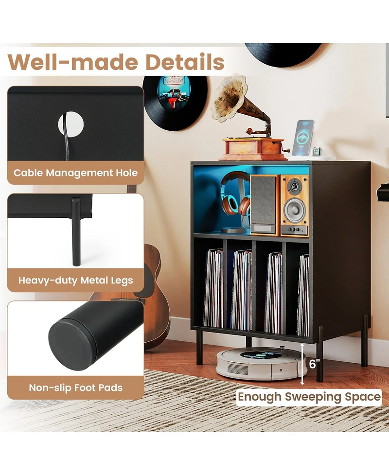 Sugift Record Player Stand with Led Light and Charging Station