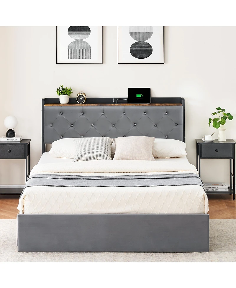 Homfan Bed Frame with Four Storage Drawers and Usb Charging Station