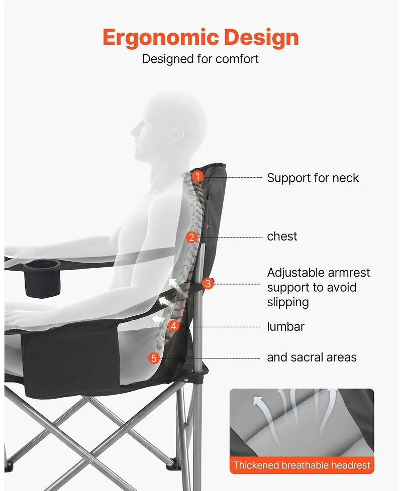 Sugift Heavy-Duty Folding Camping Chair With Padded Armrests Cooler Bag and 450 Lbs Capacity