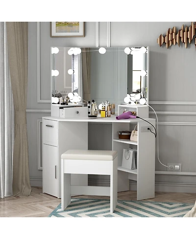 Homfan Vanity Desk with Mirror and Lights, Corner Makeup Vanity Desk with 3-Panel Mirror, 12 Bulbs 3 Color Modes Dimmable, Power Outlet