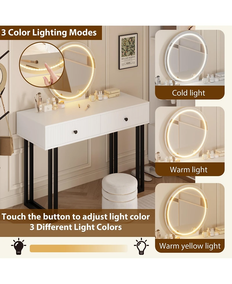 Homfan Modern Makeup Vanity Desk with Mirror and Led Lights - 3 Lighting Modes, Adjustable Brightness, 2 Storage Drawers, Sturdy Bedroom Furniture