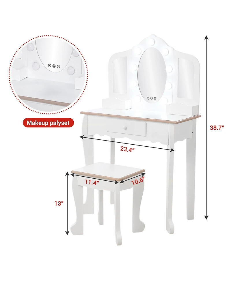 Homfan Kids Vanity Set with Lighted Tri Fold Mirror, Wooden Pretend Play Dressing Table Stool, Storage Drawer & Adjustable Led Modes