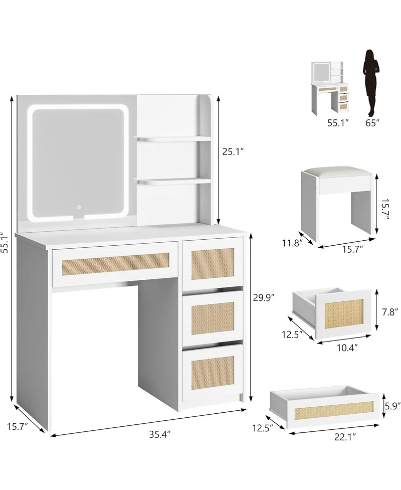 Homfan Rattan Vanity with Mirror, Makeup Vanity Desk with Adjustable Led Light, Large Storage Space and4 Drawers, 2 Tiers of Open Shelves for Bedroom