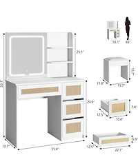Homfan Rattan Vanity with Mirror, Makeup Vanity Desk with Adjustable Led Light, Large Storage Space and4 Drawers, 2 Tiers of Open Shelves for Bedroom