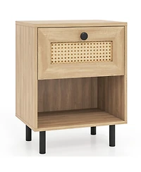 Sugift Boho Rattan Nightstand with Drawer and Open Display Shelf