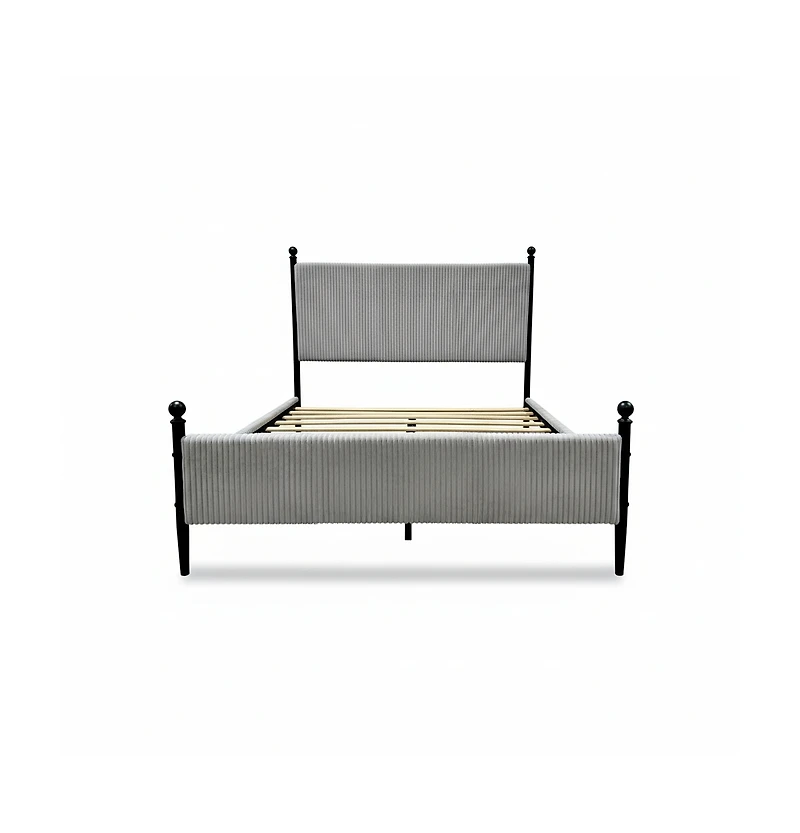 Homfan Modern Corduroy Upholstered Bed Frame with Vertical Striped Headboard, Wooden Slats, Metal Legs