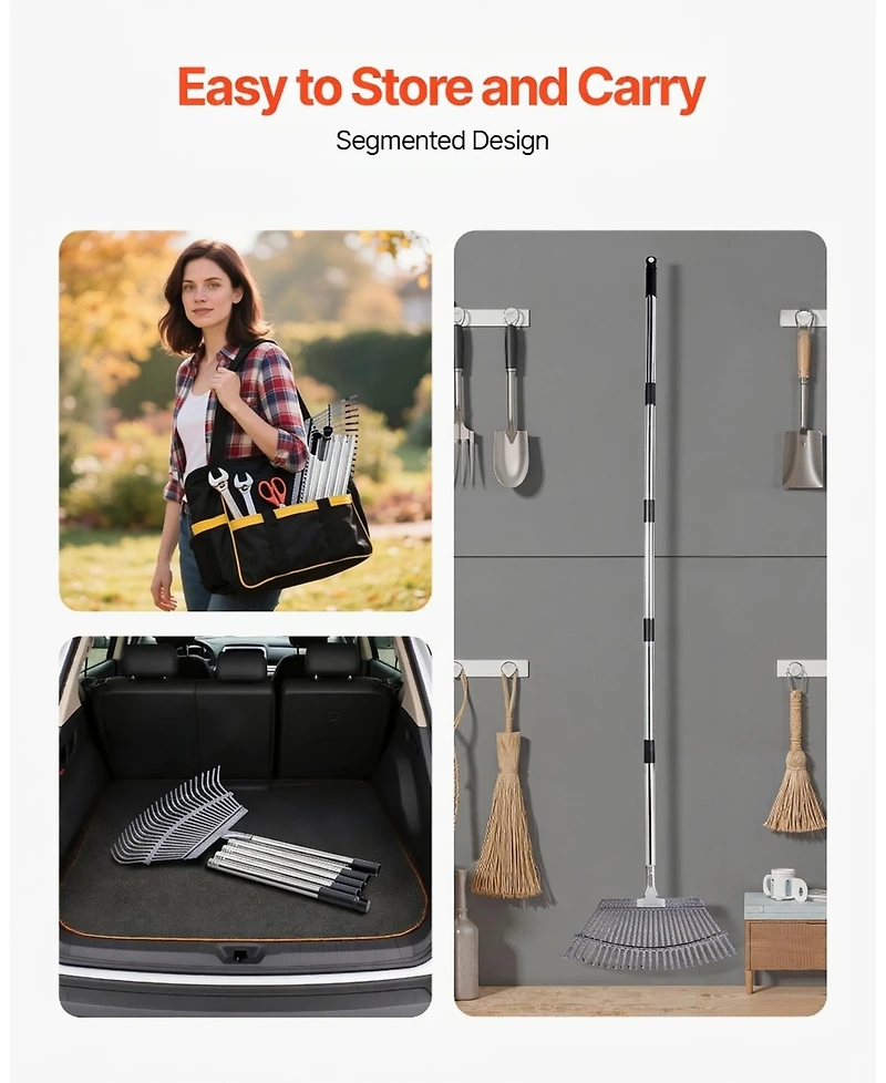 Sugift Leaf Rake, 25 Metal Tines, Adjustable Garden Rake for Lawns and Yard Work