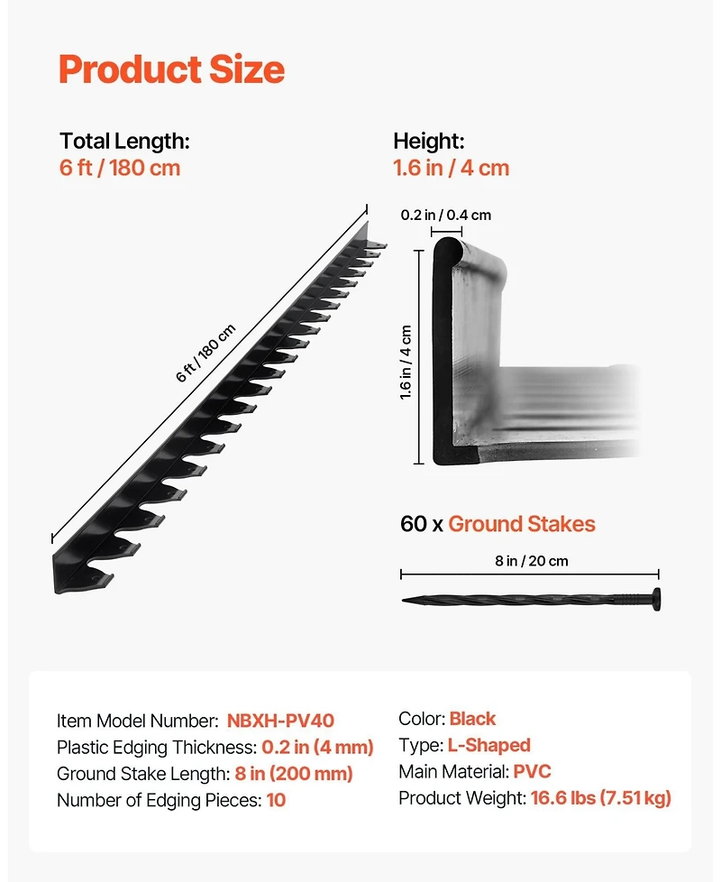Sugift Landscape Edging Border, 10Pcs 6 ft x 1.6 inches, Plastic Garden Edging with 60 Spikes