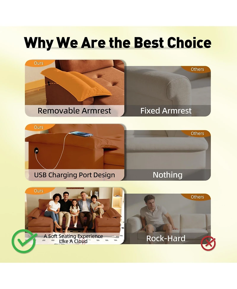 Rainsken 109.5" Convertible U-Shaped Sofa, Oversized Modular Sectional Sleeper with Pull Out Bed, Removable Armrests and Usb Ports for Living Room