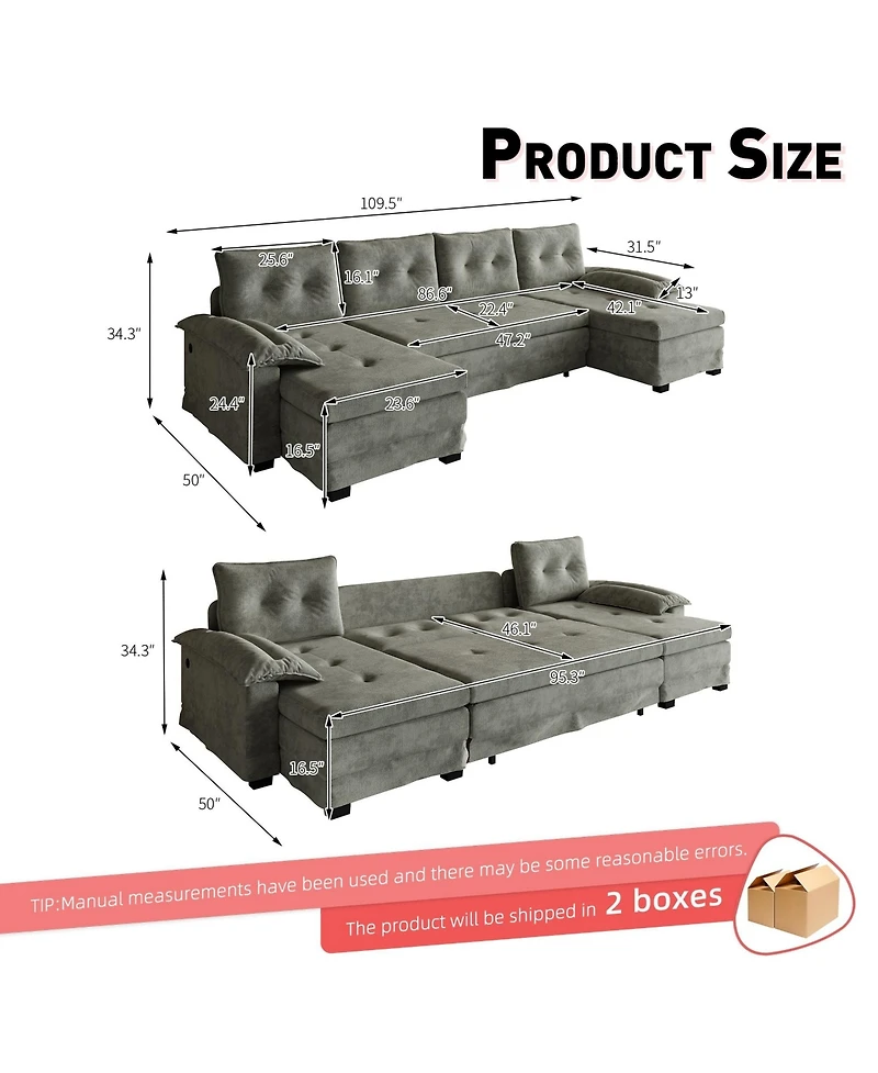 Rainsken Oversized U-Shaped Sofa Bed, Modular Sectional Couch with Pull-Out Sleeping Area, Detachable Armrests and Usb Ports for Living Room