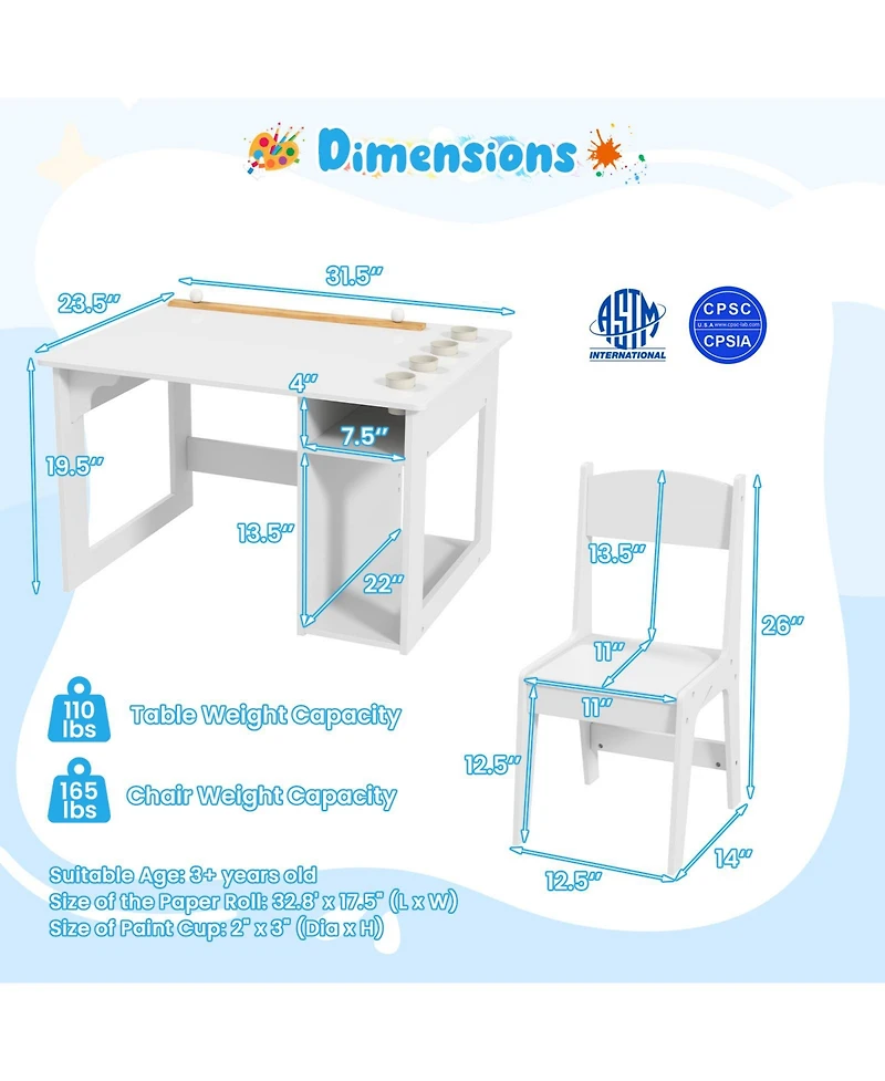 Gouun Kids Art Table and Chair Set with Paper Roll Holder and Paint Cups