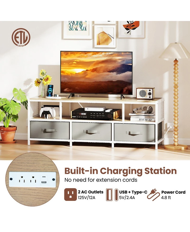Gouun 55 in Tv Stand with Power Outlets and Fabric Storage Drawers