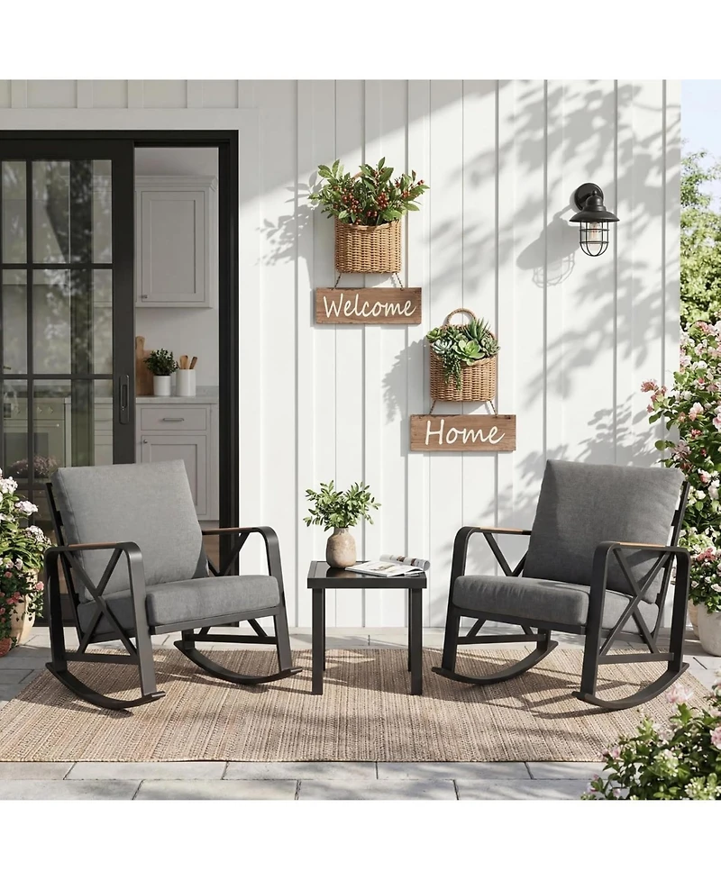 Tribesigns Outdoor Rocking Chair Set, 3PCS Rocking Bistro Set with Thick Cushion, Waterproof Patio Rocking Chairs with Table