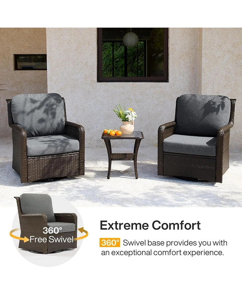 Tribesigns Outdoor Wicker Swivel Chairs, 3-Piece Outdoor Patio Furniture Set, Patio Bistro Sets with Tempered Glass Side Table