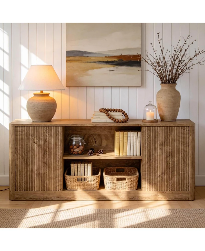 Tribesigns Tv Stand, Farmhouse Entertainment Center for TVs, Fluted Media Console with Open Storage and Side Cabinets