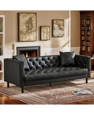 gaomon 78 in Leather Couch for Living Room, Button-Tufted 3 Seater Sofa with 2 Pillows and Deep Seat, Modern Mid-Century Leather Sofa for Apartment