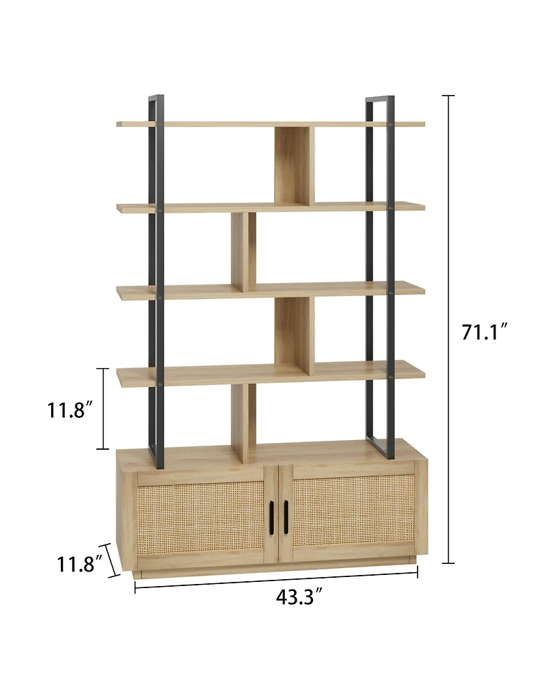 gaomon 5-Tier Tall Rattan Office Bookshelf - 71.1" Industrial Bookcase - Storage Cabinet with Door - Metal Frame, Open Display Shelves