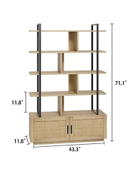 gaomon 5-Tier Tall Rattan Office Bookshelf - 71.1" Industrial Bookcase - Storage Cabinet with Door - Metal Frame, Open Display Shelves