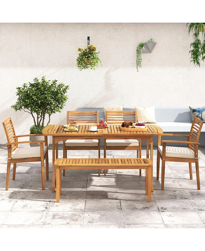 Gouun Set of 2 Acacia Wood Patio Dining Chairs with Slatted Backrest and Cushions