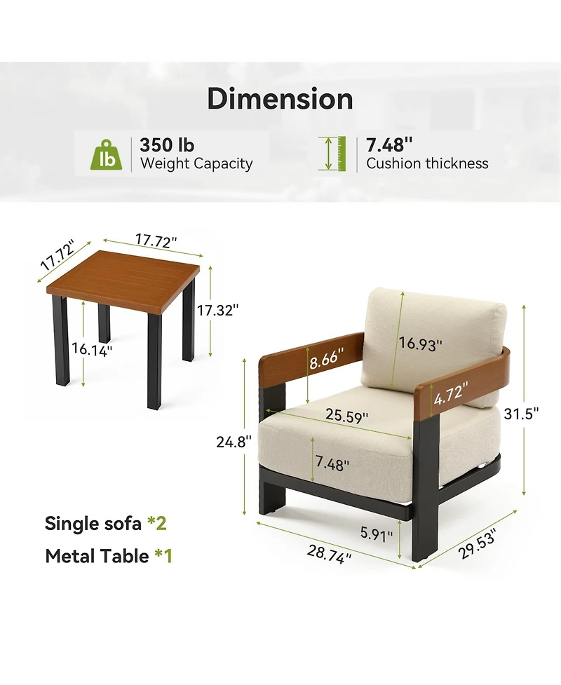 Tribesigns 3-Piece Patio Conversation Set with 2 Armchairs & Coffee Table, Modern Garden Furniture