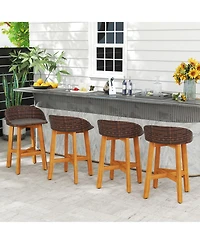 Gouun Set of 2 Acacia Wood and Rattan Outdoor Bar Chairs with Footrests