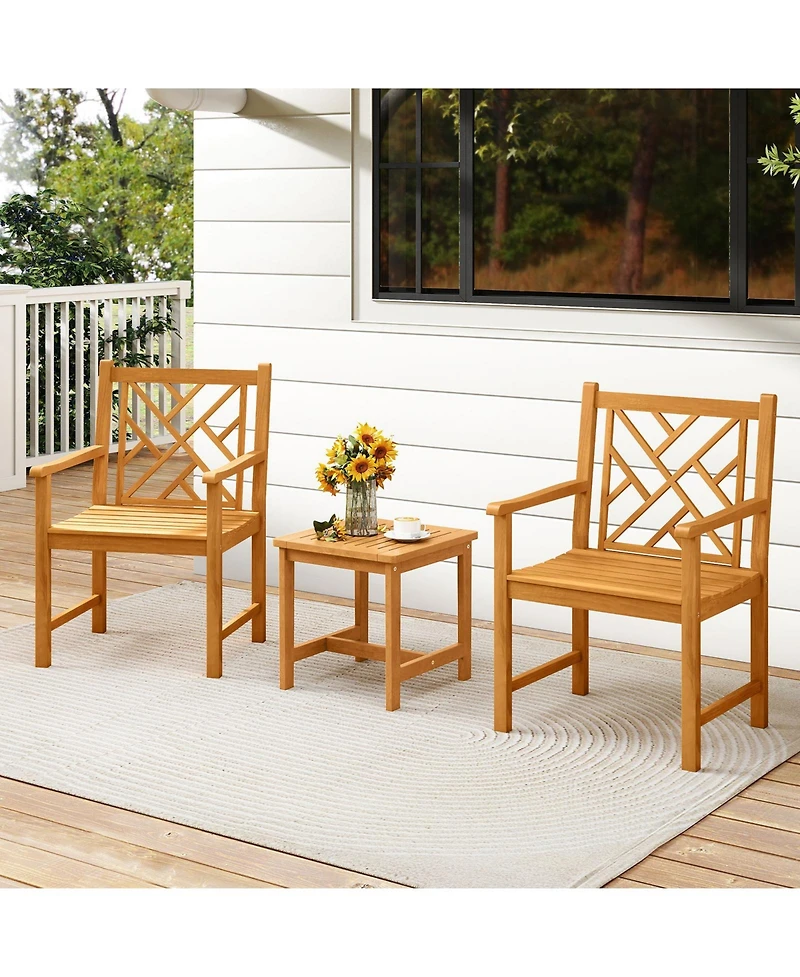 Gouun Set of 2 Acacia Wood Outdoor Dining Chairs with Cross-Pattern Backrest