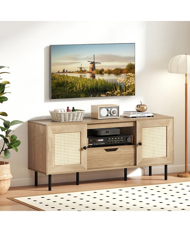 Gouun Boho 52-Inch Pe Rattan Tv Stand with Cabinets and Drawer