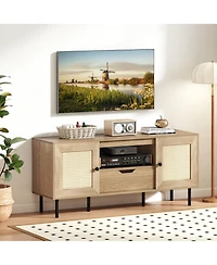 Gouun Boho 52-Inch Pe Rattan Tv Stand with Cabinets and Drawer