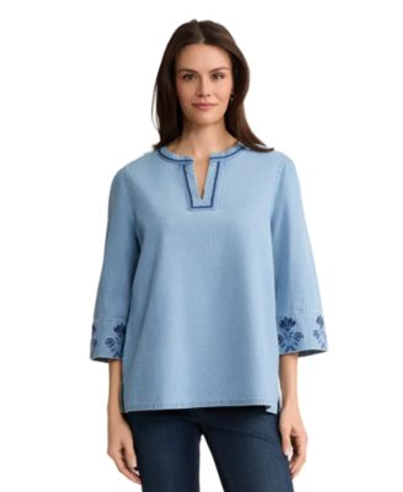 Jones New York Womens Embroidered 3 4 Length Sleeve Cotton Blouse