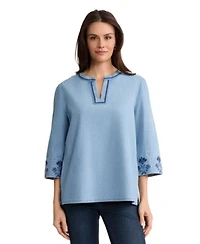 Jones New York Womens Embroidered 3 4 Length Sleeve Cotton Blouse