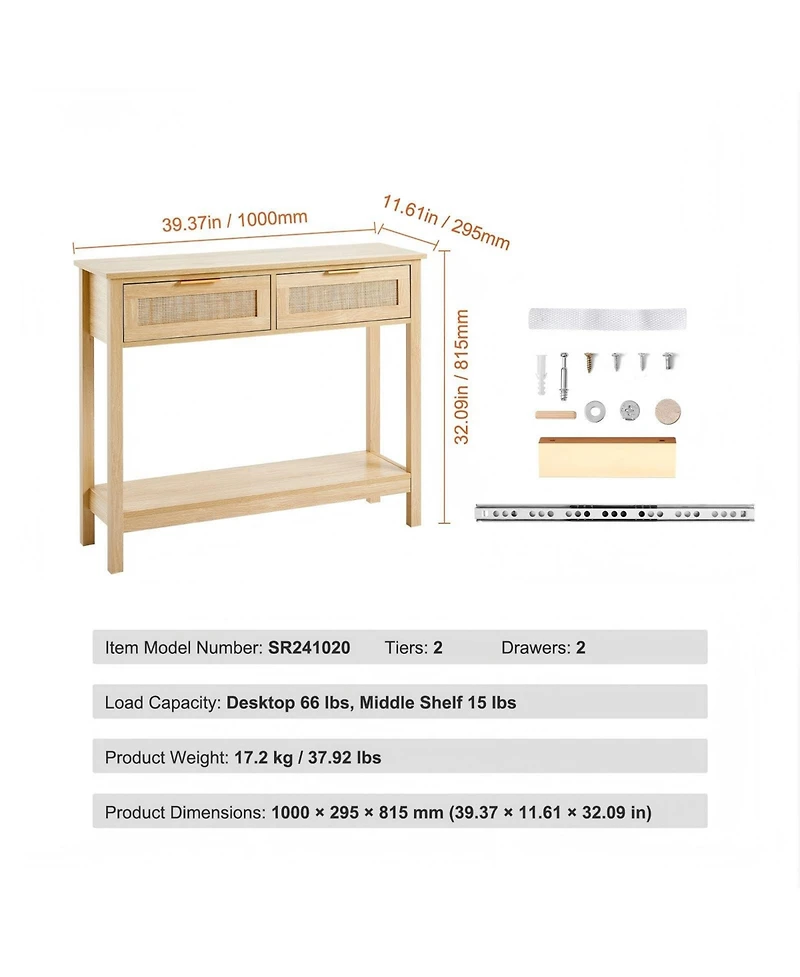Gouun Rattan Console Table with 2 Drawers and Sliding Door