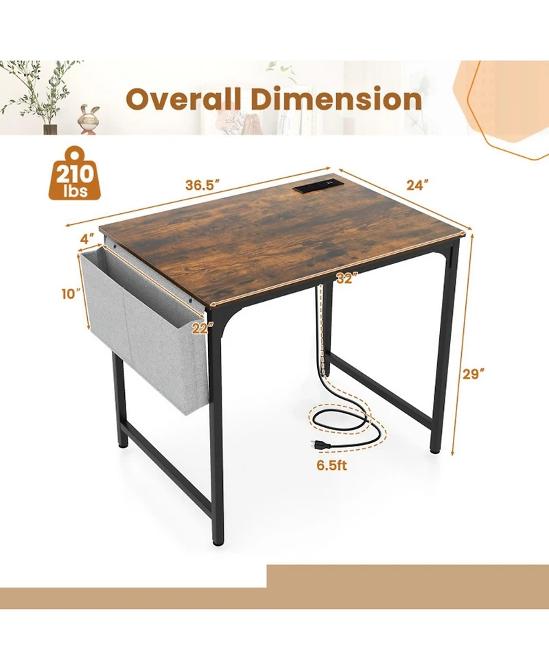 Gouun Compact Home Office Desk with Built-In Charging Station, Storage Bag and Headphone Hook