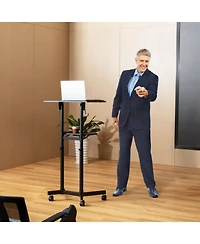 Gouun Rolling Lectern Podium Stand with Tilting Top and Storage Tray
