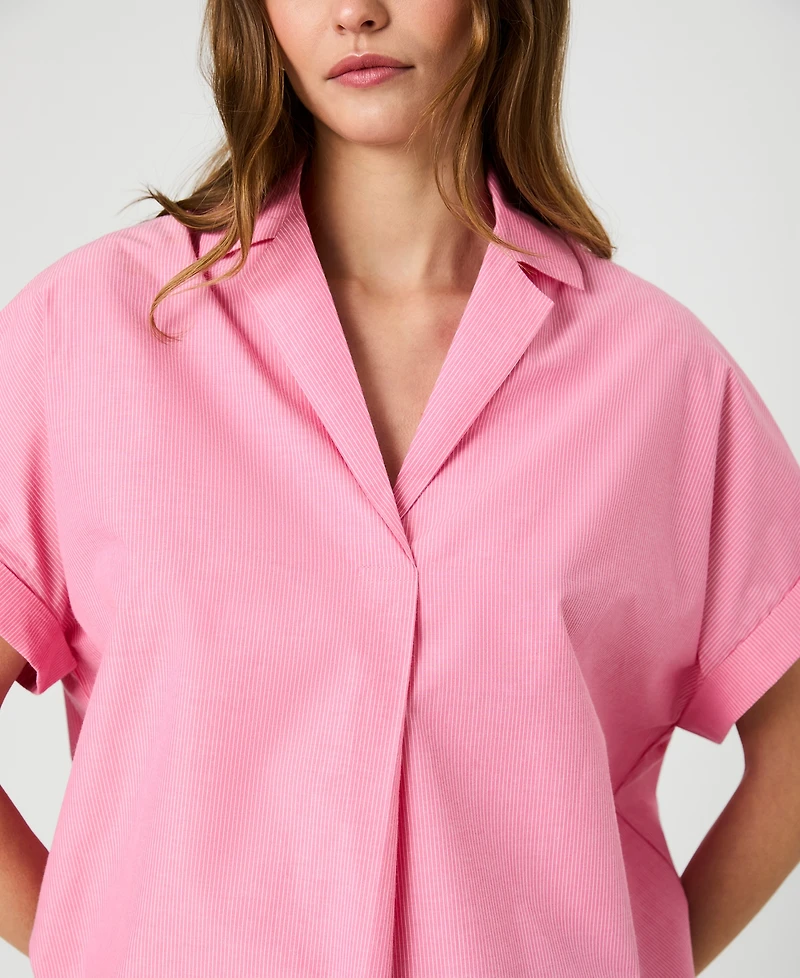 French Connection Women's Rhodes Poplin Ticking Striped Popover V-Neck Shirt