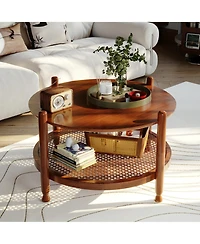 Rainsken Round Coffee Table, 2-Tier Rustic Wood Center Table with Boho Woven Rattan Storage Shelf for Living Room