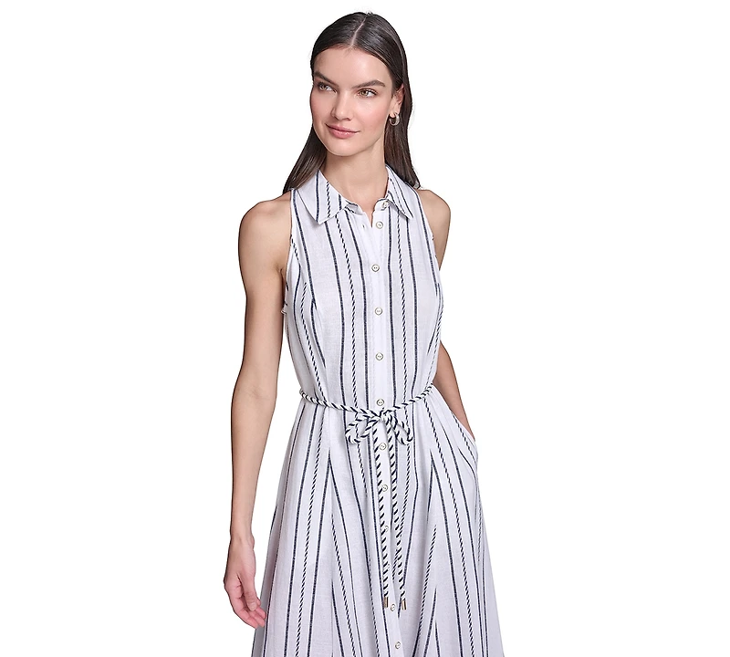 Karl Lagerfeld Paris Women's Striped Linen Midi with Rope Belt Shirtdress