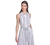 Karl Lagerfeld Paris Women's Striped Linen Midi with Rope Belt Shirtdress