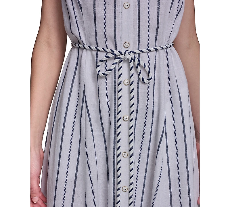 Karl Lagerfeld Paris Women's Striped Linen Midi with Rope Belt Shirtdress