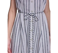 Karl Lagerfeld Paris Women's Striped Linen Midi with Rope Belt Shirtdress