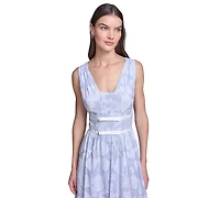 Karl Lagerfeld Paris Women's Floral Burnout Cotton Midi with White Piping Dress