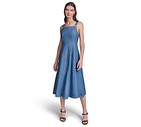 Karl Lagerfeld Paris Women's Chambray Fit & Flare Midi with Bow Pins Dress