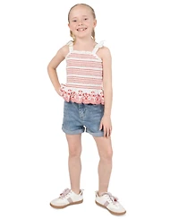 Rare Editions Girls' 2T-6X Smocked Ruffle Tank with Embroidery and Denim Shorts, 2-Piece Set
