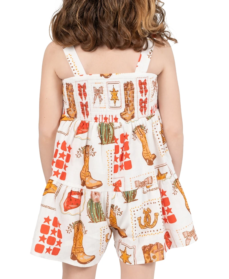 Rare Editions Little Girls' 2T-6X Western Printed Woven Romper Dress With Smocking