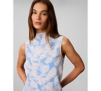 Calvin Klein Women's Printed Plisse Mock Neck Sleeveless Top