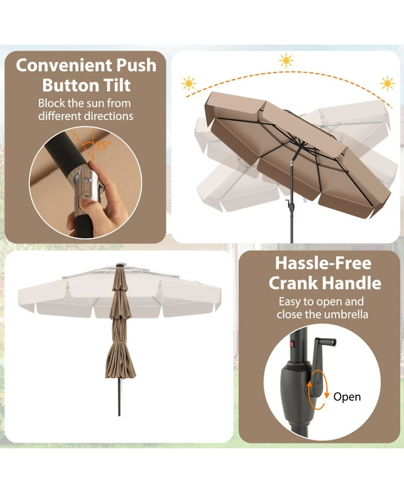 Gouun 10 ft Solar Led Patio Umbrella with Three-Tier Vented Top Ruffled Edges and Crank