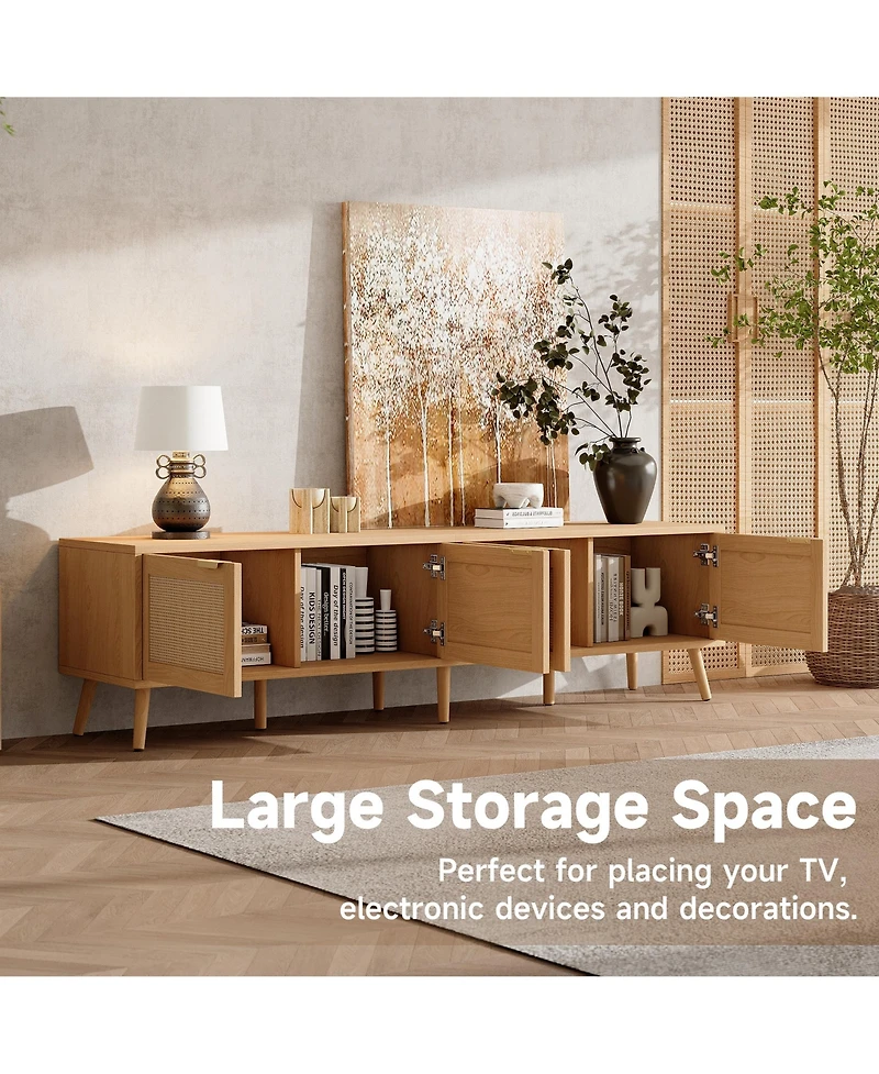 Rainsken 70 Inch Tv Stand with Rattan Doors for TVs , Modern Wood Entertainment Center with Storage Cabinets and Cable Holes for Living Room